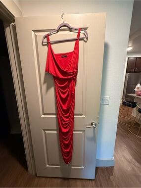 SHEIN Ruched Ruffle Slip Maxi Dress in Red NWOT